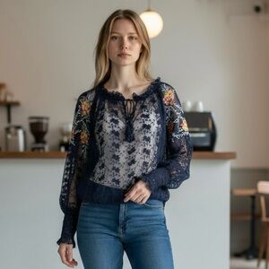 Free People Jubilee Romantic Embroidered Mesh Lace Sheer Blue and White Blouse‎